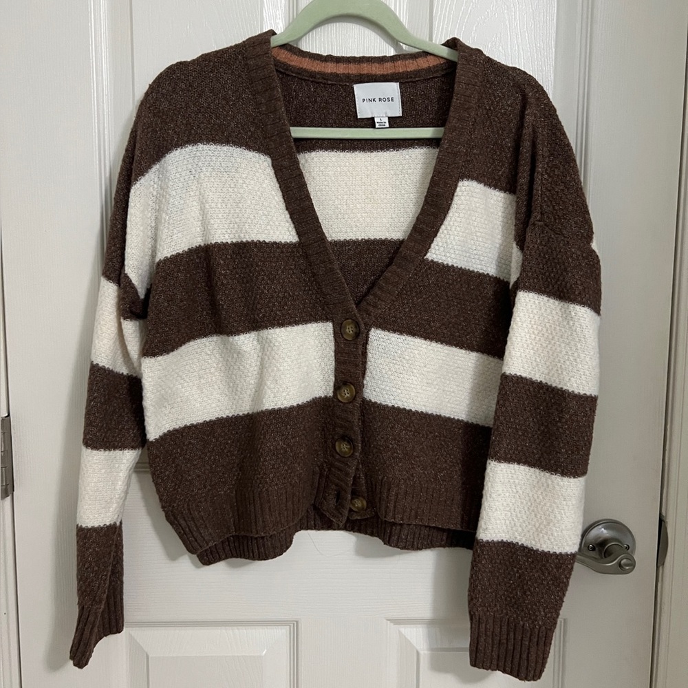 Pink Rose Striped Cropped Button Up Cardigan